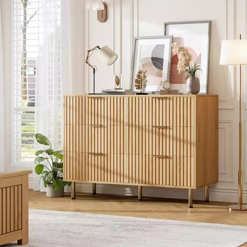 Commode large de 120 cm à 6 tiroirs, commode moderne cannelée avec rangement profond, longue commode double meuble TV pour chambre à coucher, organisation du salon