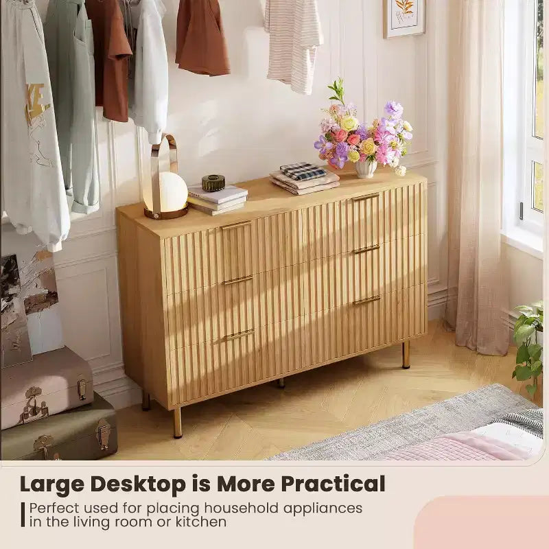 Commode large de 120 cm à 6 tiroirs, commode moderne cannelée avec rangement profond, longue commode double meuble TV pour chambre à coucher, organisation du salon