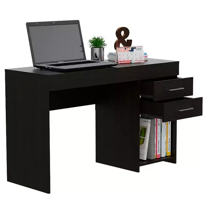 TUYOHW 47.2 Bureau d'ordinateur, Bureau d'étude moderne avec étagère inférieure ouverte, Deux tiroirs, Bureau d'ordinateur pour l'étude, le bureau à domicile, les petits espaces, Noir
