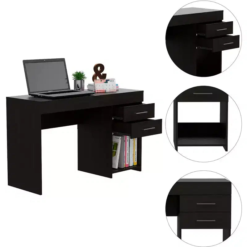 TUYOHW 47.2 Bureau d'ordinateur, Bureau d'étude moderne avec étagère inférieure ouverte, Deux tiroirs, Bureau d'ordinateur pour l'étude, le bureau à domicile, les petits espaces, Noir