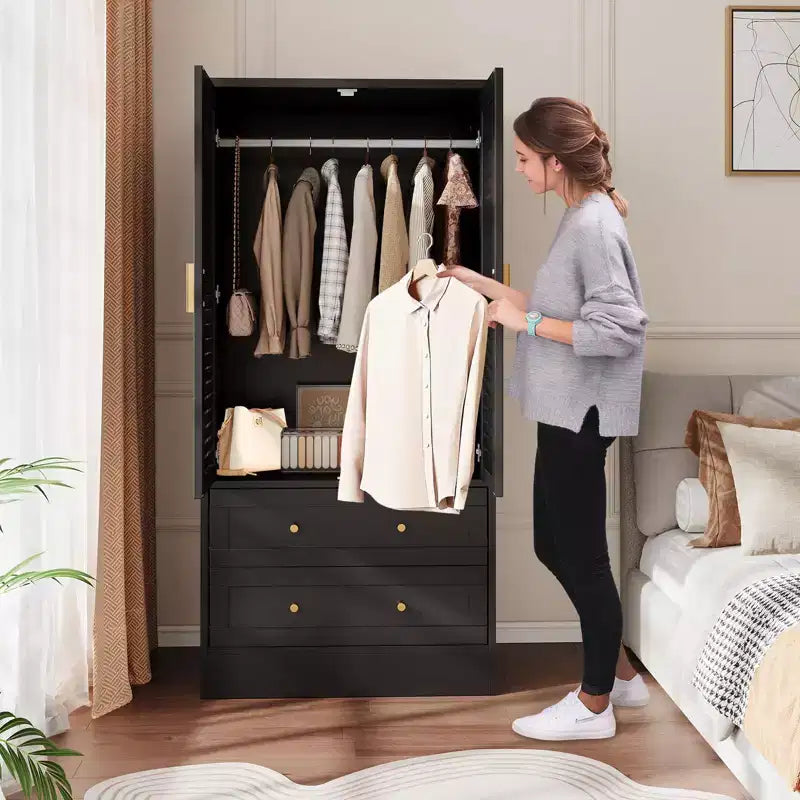 Armoire de rangement en bois à 2 portes et 2 tiroirs, avec tringle, pour chambre à coucher, 65 po