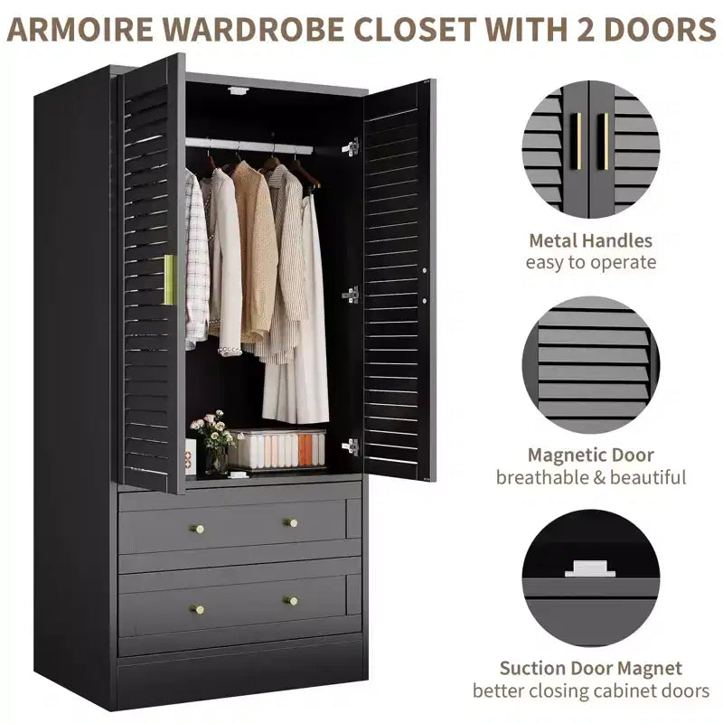 Armoire de rangement en bois à 2 portes et 2 tiroirs, avec tringle, pour chambre à coucher, 65 po