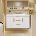 Meuble-lavabo de salle de bain mural de 36 pouces avec meuble de rangement flottant à 2 tiroirs, meuble de salle de bain en bois massif, blanc