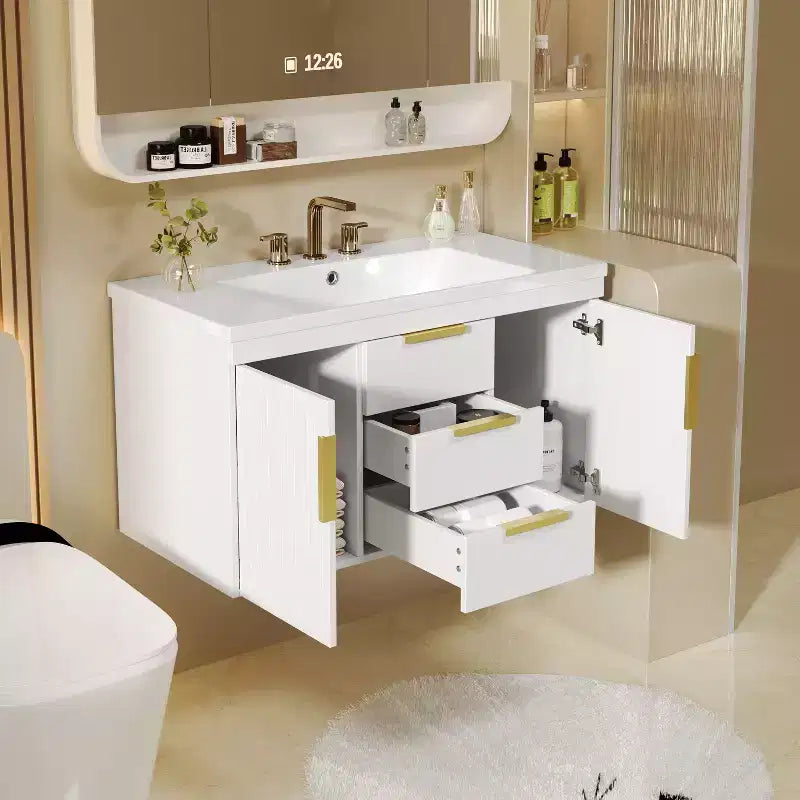 Meuble-lavabo de salle de bain mural de 36 pouces avec meuble de rangement flottant à 2 tiroirs, meuble de salle de bain en bois massif, blanc