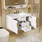 Meuble-lavabo de salle de bain mural de 36 pouces avec meuble de rangement flottant à 2 tiroirs, meuble de salle de bain en bois massif, blanc