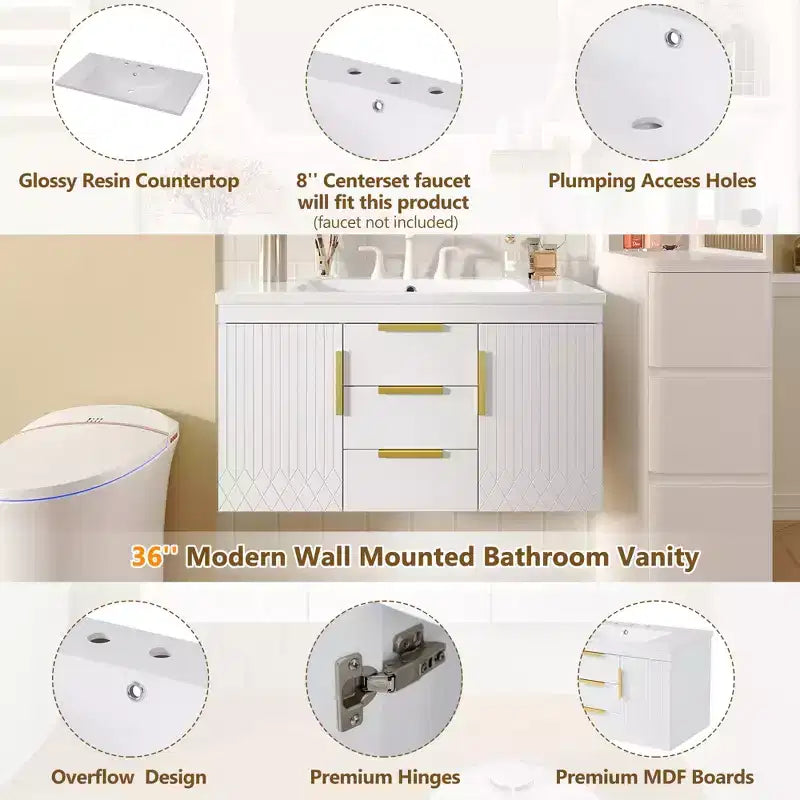 Meuble-lavabo de salle de bain mural de 36 pouces avec meuble de rangement flottant à 2 tiroirs, meuble de salle de bain en bois massif, blanc