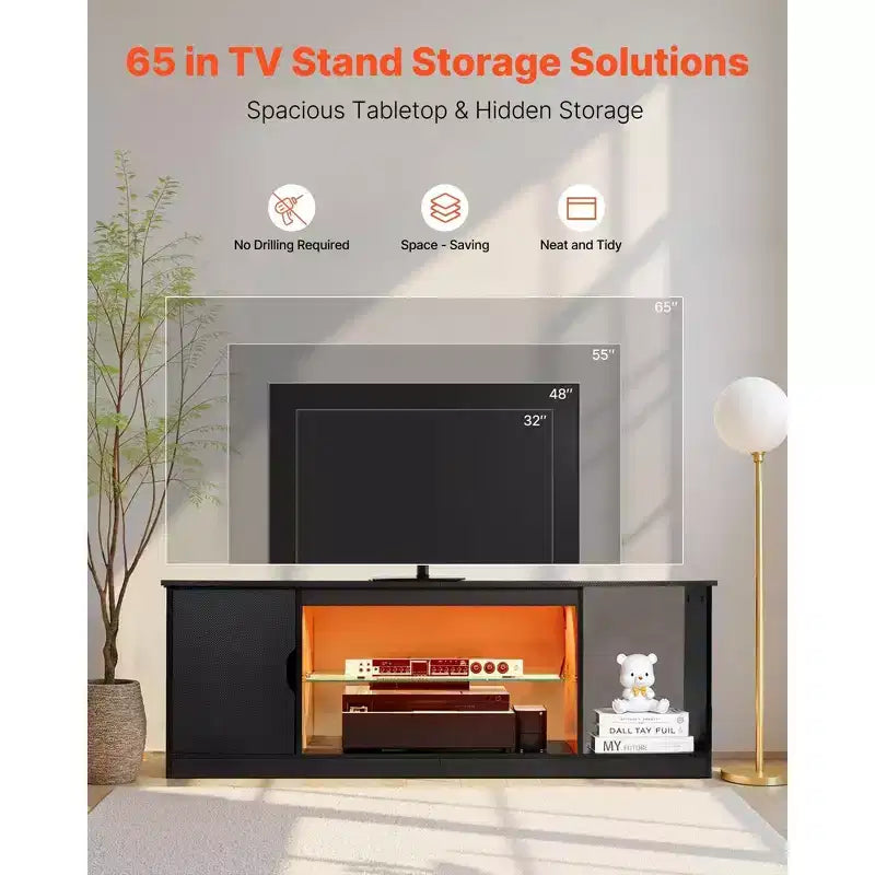 Meuble TV moderne noir VIYET - Convient aux téléviseurs de 65 pouces, bande lumineuse, verre et étagères réglables