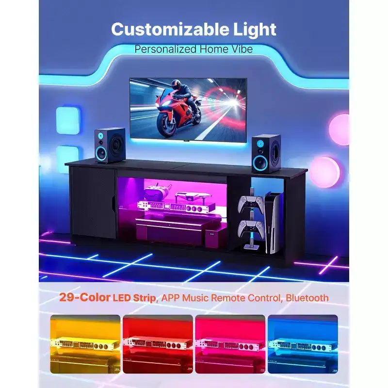 Meuble TV moderne noir VIYET - Convient aux téléviseurs de 65 pouces, bande lumineuse, verre et étagères réglables