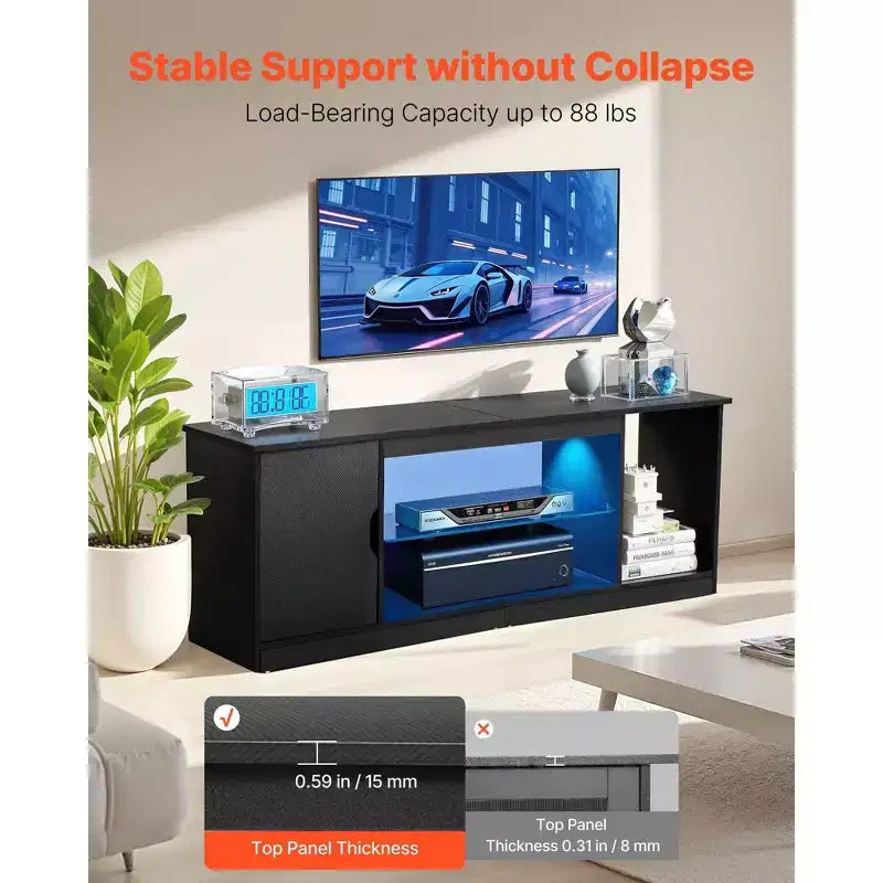 Meuble TV moderne noir VIYET - Convient aux téléviseurs de 65 pouces, bande lumineuse, verre et étagères réglables