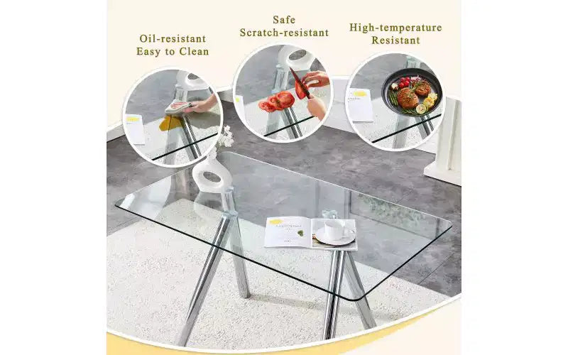 Table à manger TUYOHW en verre trempé avec pieds en métal, table de cuisine rectangulaire de 130 cm avec coins arrondis, table minimaliste pour salon et salle à manger