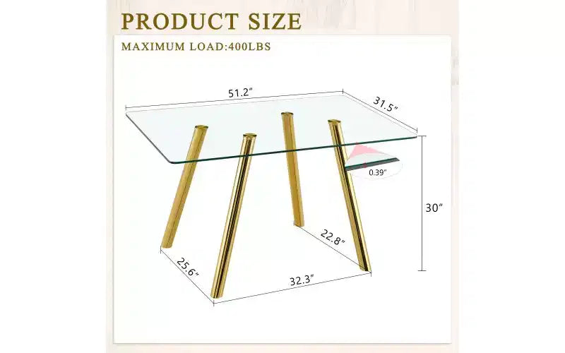 Table à manger TUYOHW en verre trempé avec pieds en métal, table de cuisine rectangulaire de 130 cm avec coins arrondis, table minimaliste pour salon et salle à manger