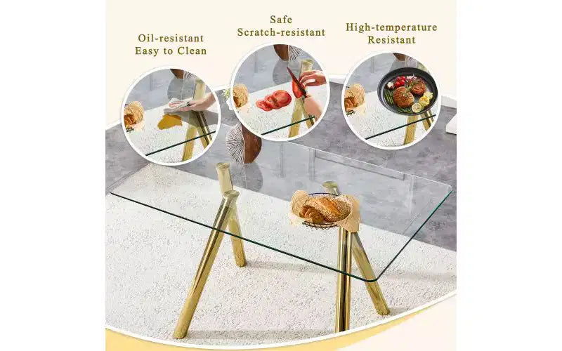 Table à manger TUYOHW en verre trempé avec pieds en métal, table de cuisine rectangulaire de 130 cm avec coins arrondis, table minimaliste pour salon et salle à manger