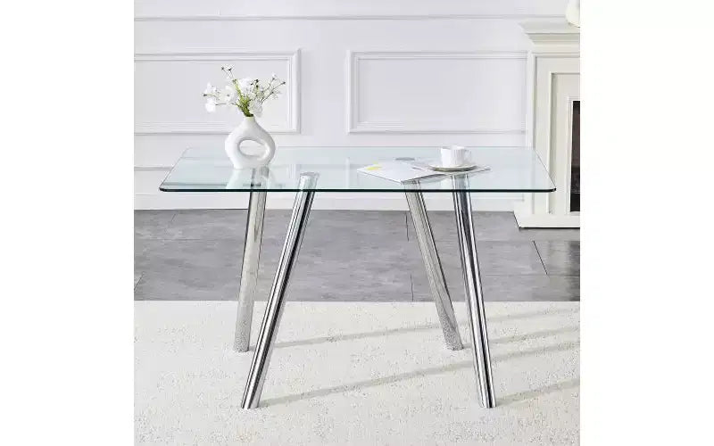 Table à manger TUYOHW en verre trempé avec pieds en métal, table de cuisine rectangulaire de 130 cm avec coins arrondis, table minimaliste pour salon et salle à manger