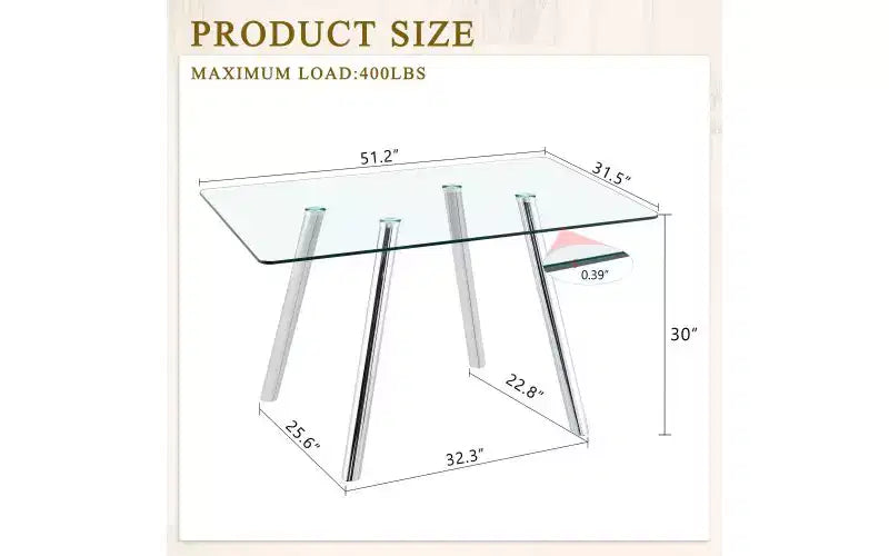 Table à manger TUYOHW en verre trempé avec pieds en métal, table de cuisine rectangulaire de 130 cm avec coins arrondis, table minimaliste pour salon et salle à manger