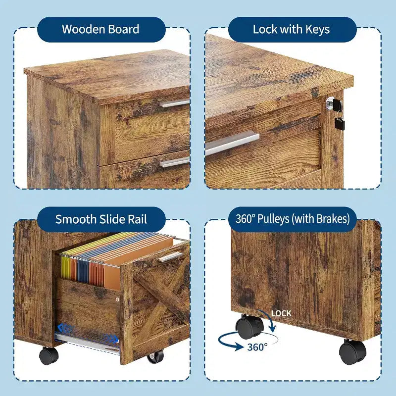 Meuble de classement en bois avec serrure, classeur mobile sous le bureau sur roulettes, compatible A4/lettre, tiroir de rangement roulant, organisateur multifonctionnel