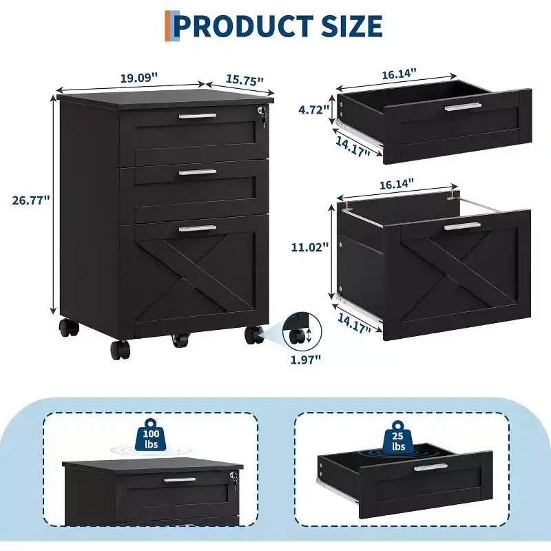 Meuble de classement en bois avec serrure, classeur mobile sous le bureau sur roulettes, compatible A4/lettre, tiroir de rangement roulant, organisateur multifonctionnel
