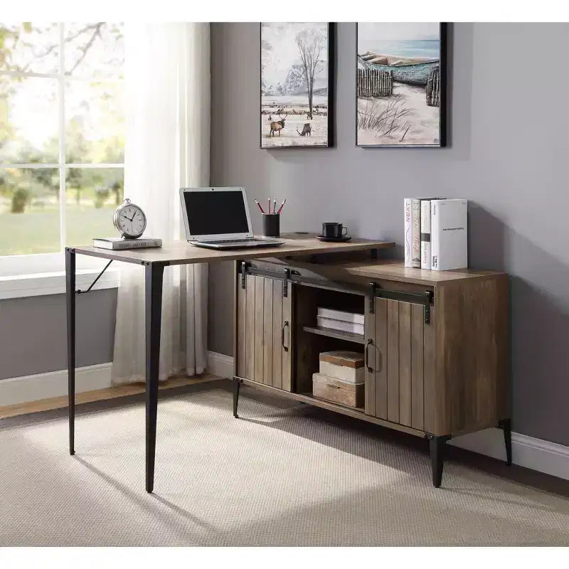 TUYOHW 48 L-Shape Bureau d'angle, Bureau informatique moderne avec rangement porte coulissante de style grange, gestion des câbles, pieds en métal, bureau d'étude pour bureau à domicile