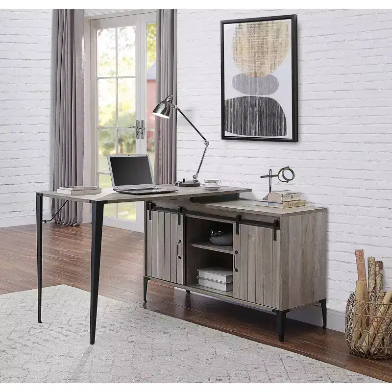 TUYOHW 48 L-Shape Bureau d'angle, Bureau informatique moderne avec rangement porte coulissante de style grange, gestion des câbles, pieds en métal, bureau d'étude pour bureau à domicile