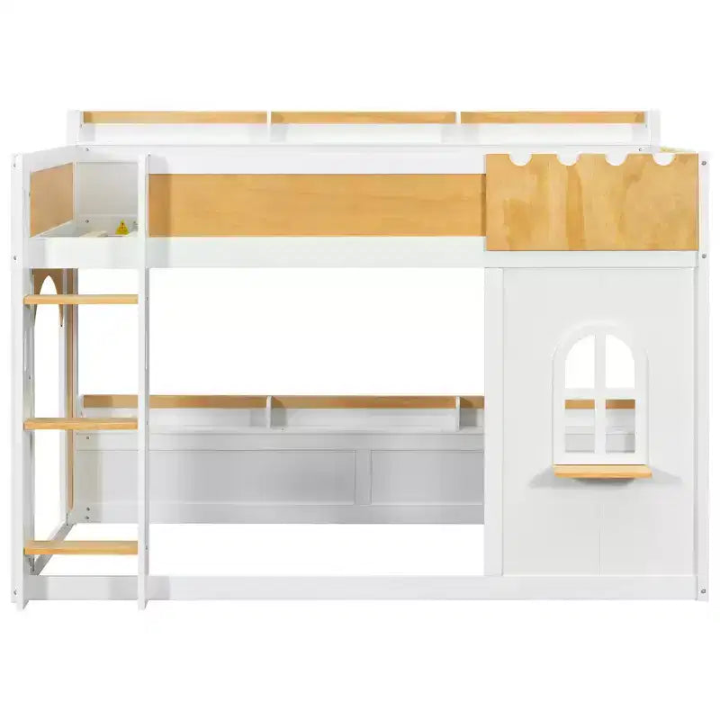 Lit superposé jumeau sur jumeau/double sur double avec étagères de rangement, cadre de lit superposé en bois jumeau/double avec fenêtre et deux portes