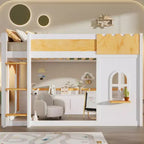 Lit superposé jumeau sur jumeau/double sur double avec étagères de rangement, cadre de lit superposé en bois jumeau/double avec fenêtre et deux portes