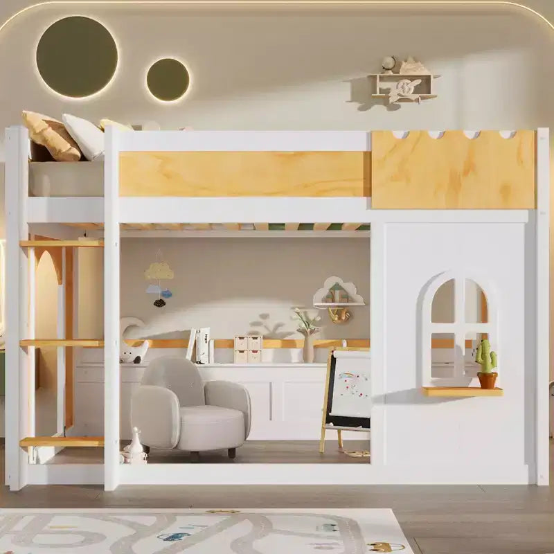 Lit superposé jumeau sur jumeau/double sur double avec étagères de rangement, cadre de lit superposé en bois jumeau/double avec fenêtre et deux portes