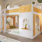 Lit superposé jumeau sur jumeau/double sur double avec étagères de rangement, cadre de lit superposé en bois jumeau/double avec fenêtre et deux portes