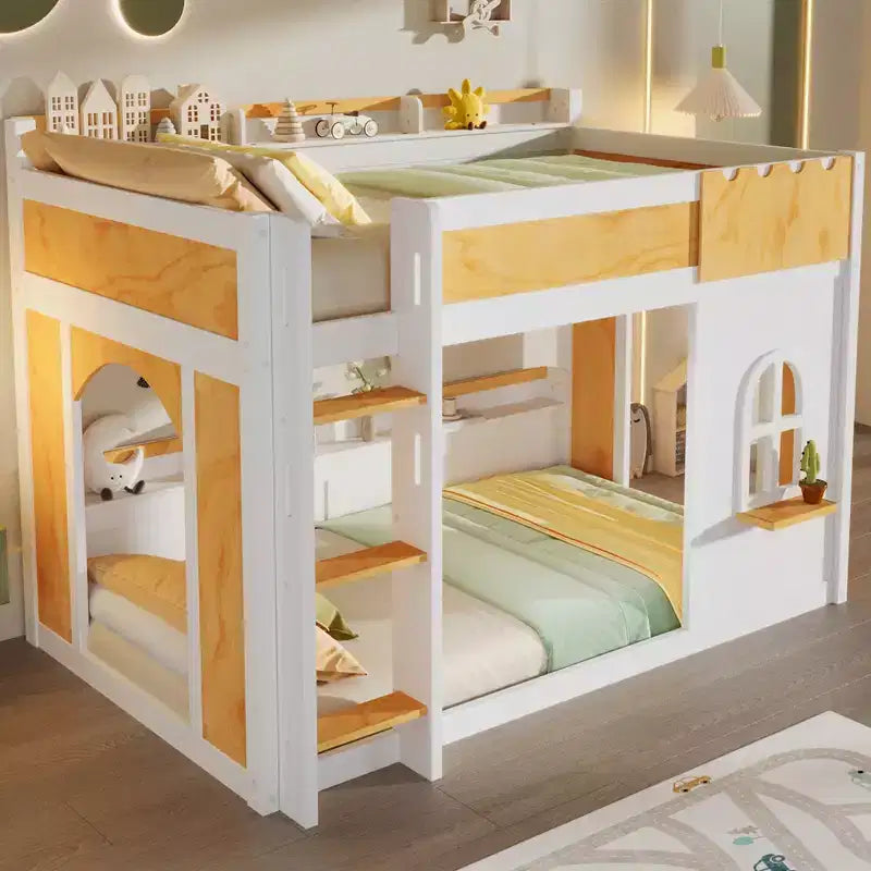 Lit superposé jumeau sur jumeau/double sur double avec étagères de rangement, cadre de lit superposé en bois jumeau/double avec fenêtre et deux portes