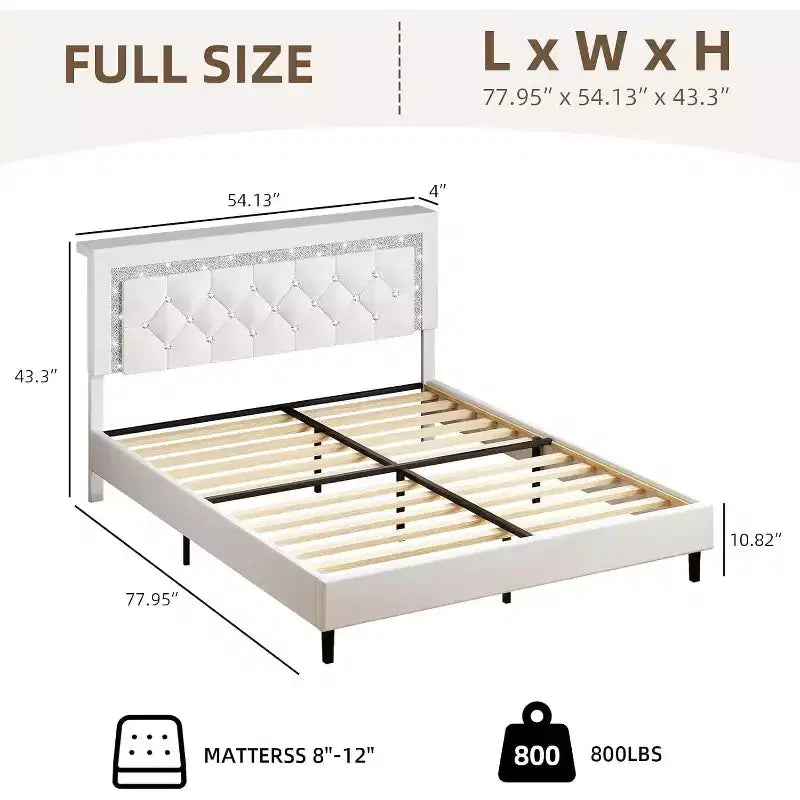 Cadre de lit plateforme avec tête de lit capitonnée en losanges, support à lattes en bois, pas besoin de sommier pour lit double, queen ou king size