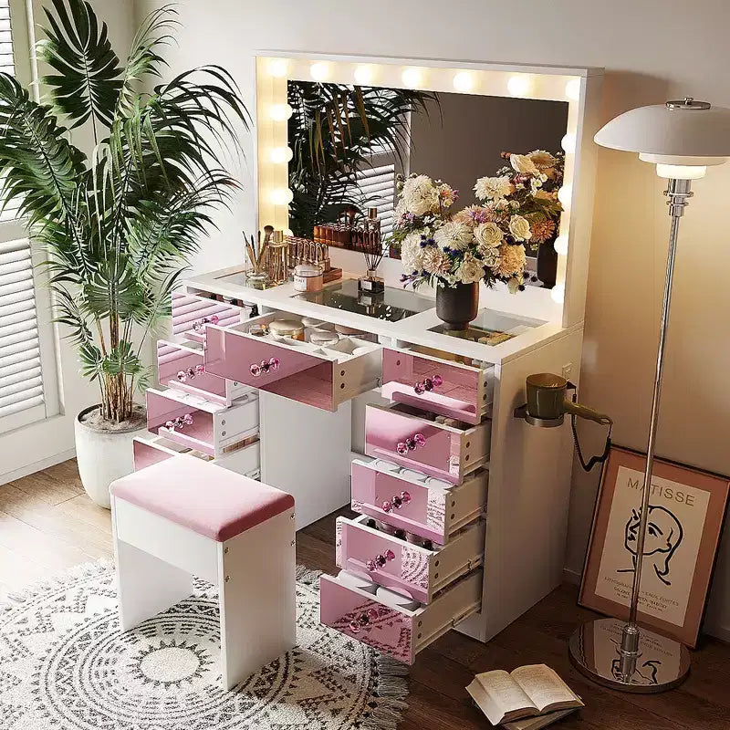 Whisen Vanity Desk, Makeup Vanity Glass Top, 6 Pink Finish Drawers & Shelves, Stool