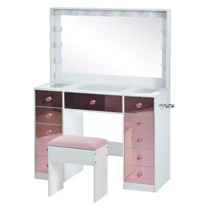 Coiffeuse Whisen, coiffeuse plateau en verre, 6 tiroirs et étagères roses, tabouret