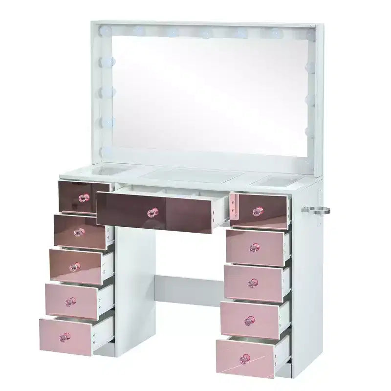 Coiffeuse Whisen, coiffeuse plateau en verre, 6 tiroirs et étagères roses, tabouret