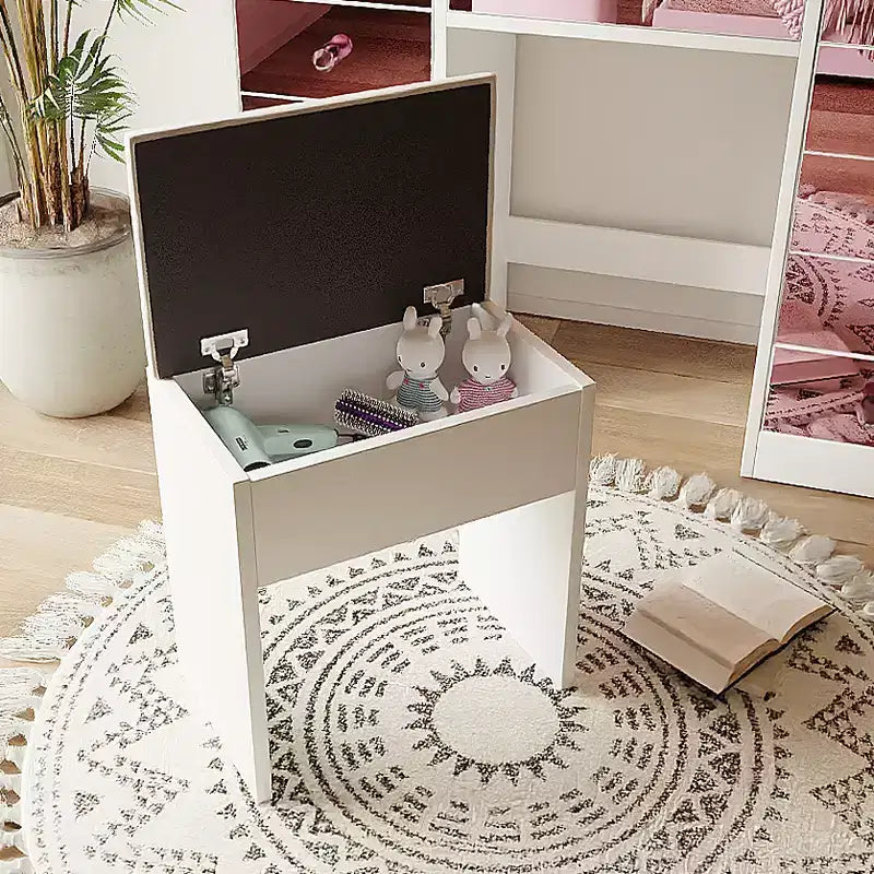 Coiffeuse Whisen, coiffeuse plateau en verre, 6 tiroirs et étagères roses, tabouret
