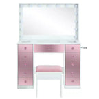 Coiffeuse Whisen, coiffeuse plateau en verre, 6 tiroirs et étagères roses, tabouret