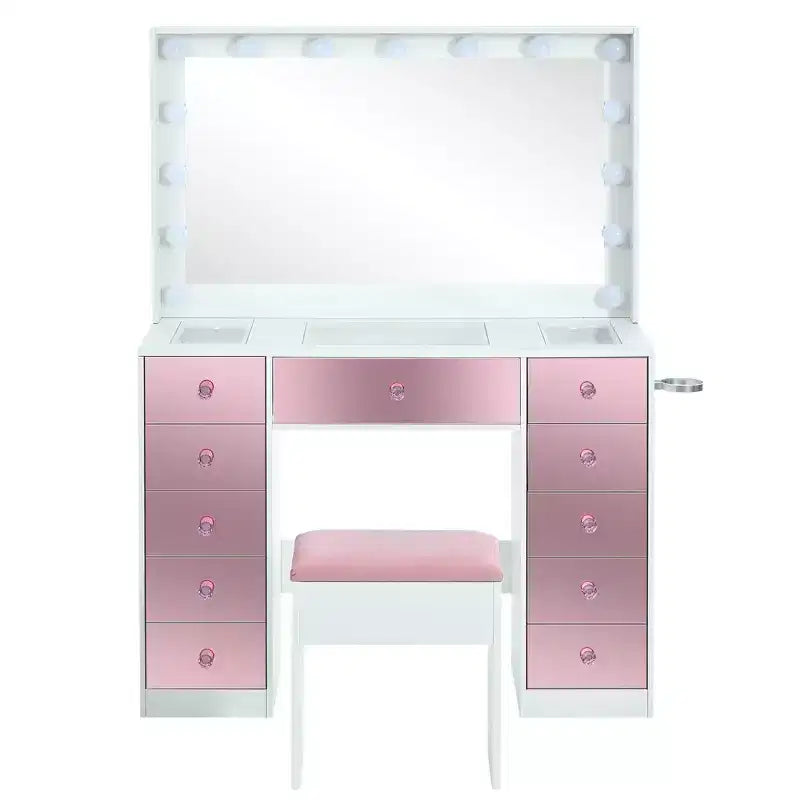 Coiffeuse Whisen, coiffeuse plateau en verre, 6 tiroirs et étagères roses, tabouret