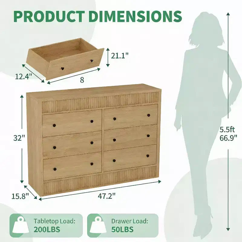 Commode à 6 tiroirs pour chambre à coucher, commode en bois cannelé, organisateur de rangement moderne en chêne pour salon, couloir, entrée