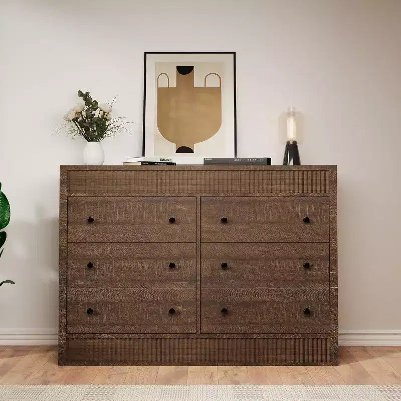 Commode à 6 tiroirs pour chambre à coucher, commode en bois cannelé, organisateur de rangement moderne en chêne pour salon, couloir, entrée