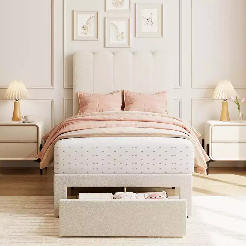 Cadre de lit double rembourré en velours avec tiroirs de rangement et tête de lit, cadre de lit plateforme pour filles, support à lattes en bois, conception basse