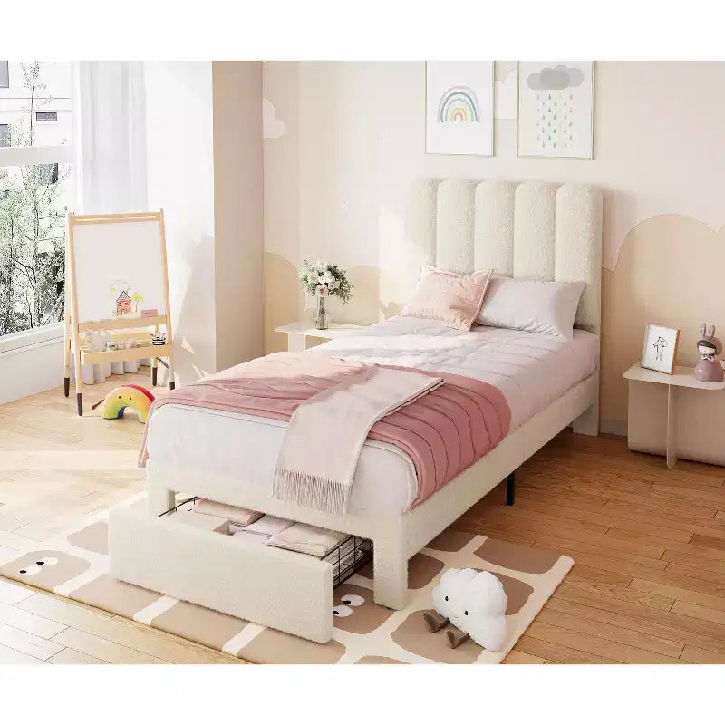 Cadre de lit double rembourré en velours avec tiroirs de rangement et tête de lit, cadre de lit plateforme pour filles, support à lattes en bois, conception basse