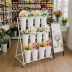 Présentoir à fleurs métallique à 3 niveaux avec 12 seaux, Support à plantes mobile avec roues, Utilisation intérieure et extérieure pour jardin, patio, mariage, fleuriste