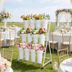 Présentoir à fleurs métallique à 3 niveaux avec 12 seaux, Support à plantes mobile avec roues, Utilisation intérieure et extérieure pour jardin, patio, mariage, fleuriste