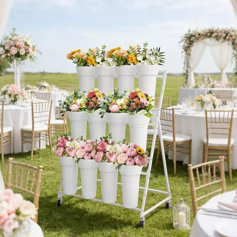 Présentoir à fleurs métallique à 3 niveaux avec 12 seaux, Support à plantes mobile avec roues, Utilisation intérieure et extérieure pour jardin, patio, mariage, fleuriste