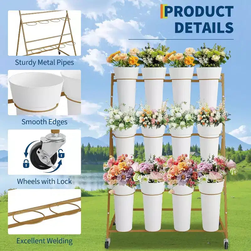 Présentoir à fleurs métallique à 3 niveaux avec 12 seaux, Support à plantes mobile avec roues, Utilisation intérieure et extérieure pour jardin, patio, mariage, fleuriste