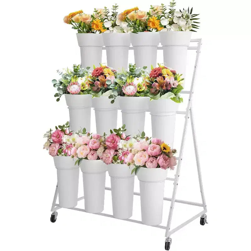 Présentoir à fleurs métallique à 3 niveaux avec 12 seaux, Support à plantes mobile avec roues, Utilisation intérieure et extérieure pour jardin, patio, mariage, fleuriste