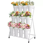 Présentoir à fleurs métallique à 3 niveaux avec 12 seaux, Support à plantes mobile avec roues, Utilisation intérieure et extérieure pour jardin, patio, mariage, fleuriste