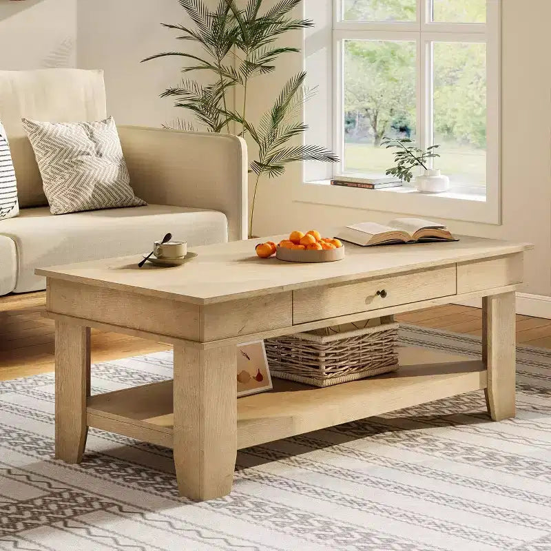 Table basse Acekool avec tiroir et étagère de rangement ouverte, grande table de salon en bois, facile à nettoyer, marron/chêne clair