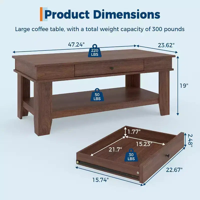 Table basse Acekool avec tiroir et étagère de rangement ouverte, grande table de salon en bois, facile à nettoyer, marron/chêne clair