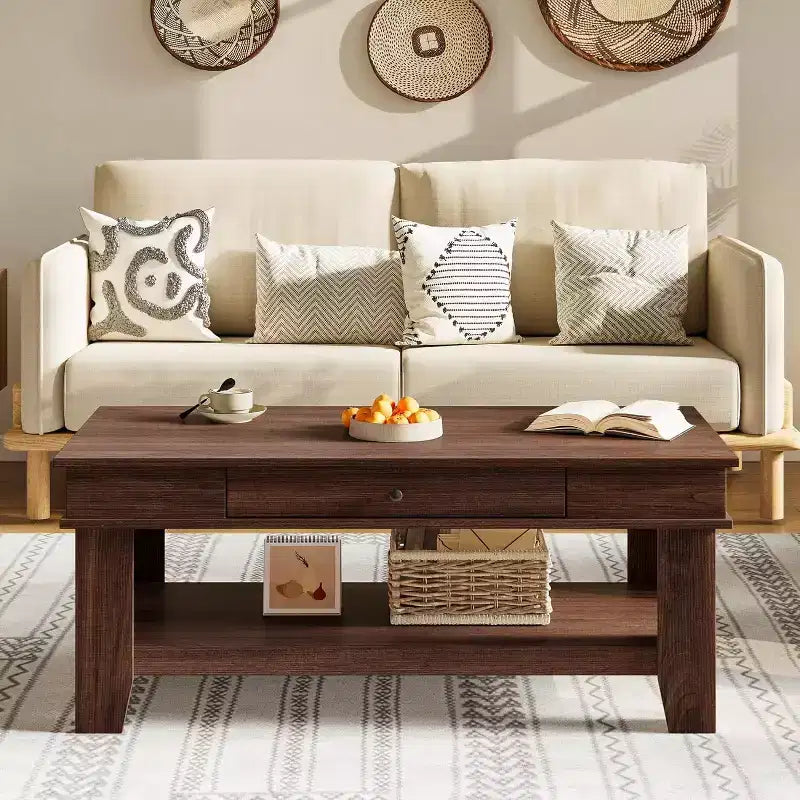 Table basse Acekool avec tiroir et étagère de rangement ouverte, grande table de salon en bois, facile à nettoyer, marron/chêne clair