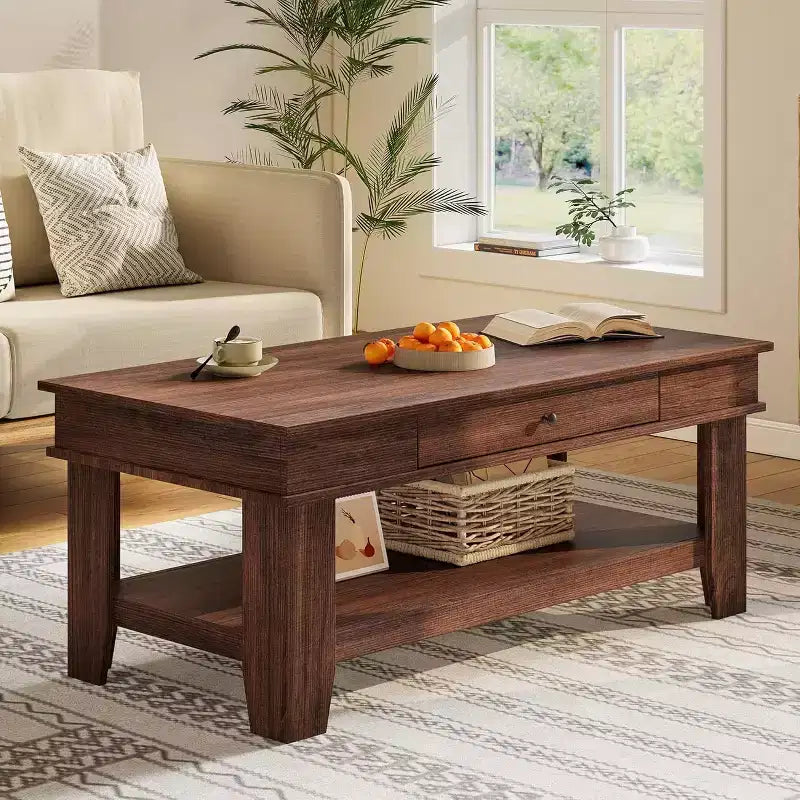Table basse Acekool avec tiroir et étagère de rangement ouverte, grande table de salon en bois, facile à nettoyer, marron/chêne clair