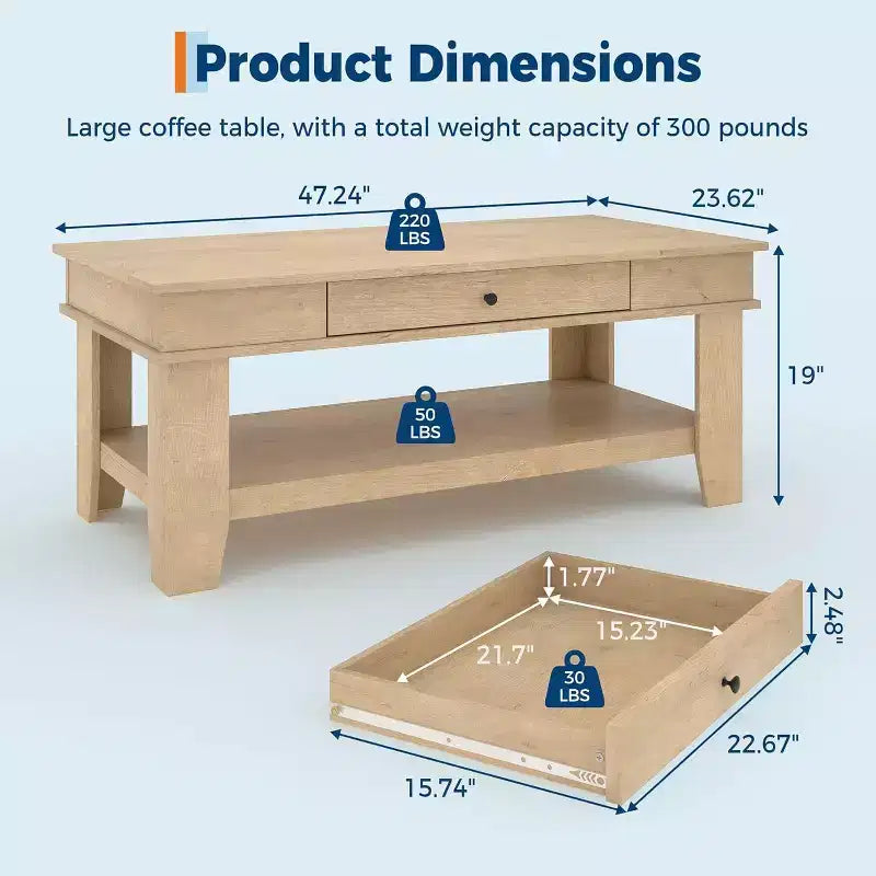 Table basse Acekool avec tiroir et étagère de rangement ouverte, grande table de salon en bois, facile à nettoyer, marron/chêne clair