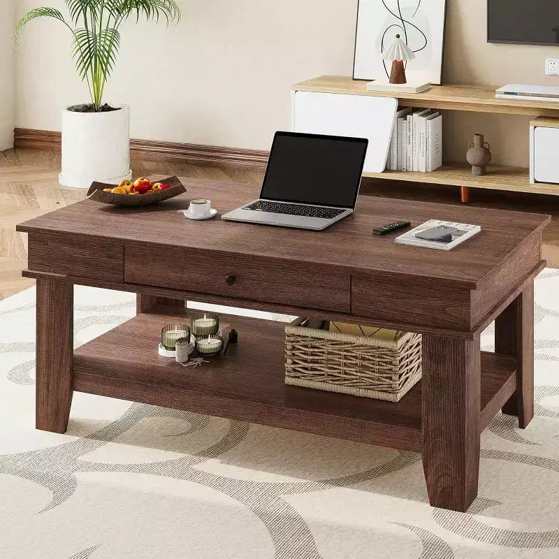 Acekool Coffee Table with Drawer and Open Storage Shelf, Large Wooden Center Table for Living Room, Easy to Clean, Brown/Light Oak
